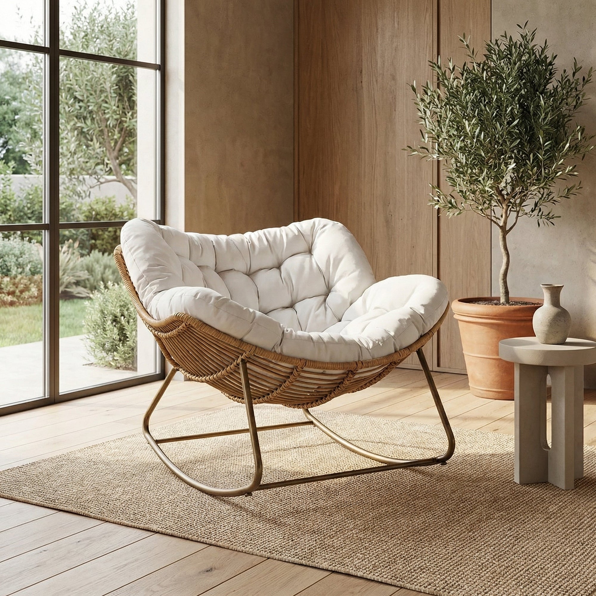 Cadeira de Balanço Nut Chair em Rattan Estrutura Robusta e Almofada Removível