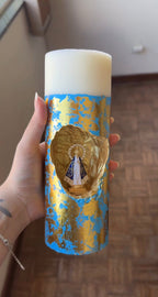 [Compre 1 e Leve 2] Vela Artesanal Nossa Senhora Aparecida - Arte Azul Celeste e Ouro