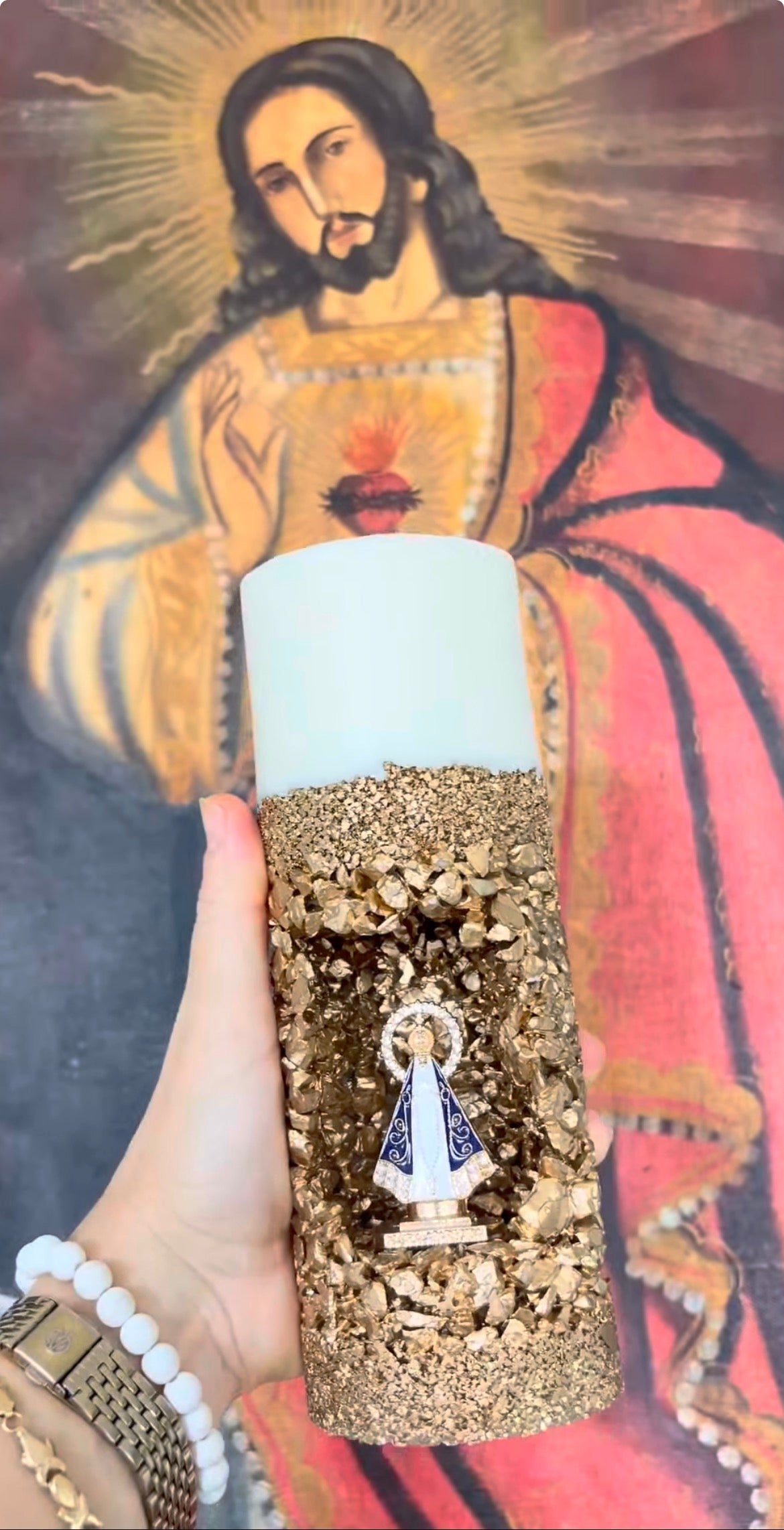 [Compre 1 e Leve 2] Vela Artesanal Nossa Senhora das Graças - Ouro Premium Luxo