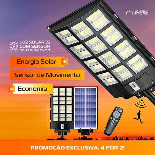 Luminária LED Solar Potência 1000W + Sensor de Movimento e Controle Remoto