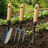 Kit 3 Ferramentas de Jardim Cabo Madeira Pá Garfo Removedor